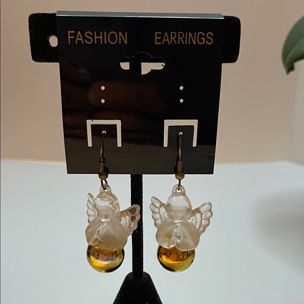 Angel Drop Earrings With Gold Toned Bells